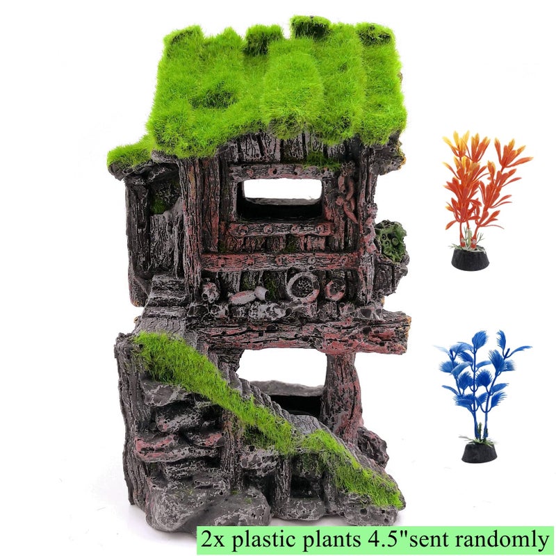 M2cbridge Aquarium Decorations Fish Hideout House Betta Cave with Green Lifelike Moss (Style 4) - Image 3